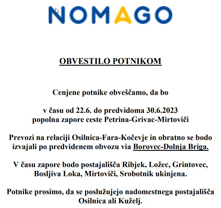 Obvestilo o popolni zapori ceste - Petrina - Mirtoviči NOMAGO